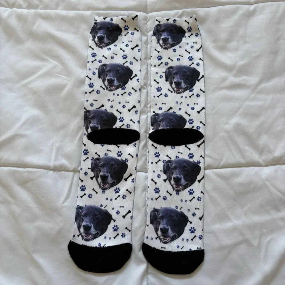 Adult Unisex One‎ Size White Black Dog Doggy Crew Long Socks Funny Comedy